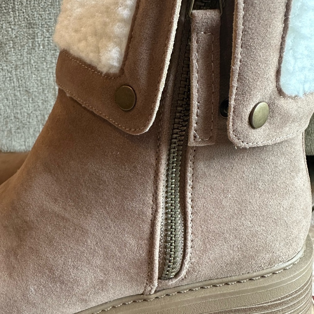 JustFab Tan Heeled Boots with Cream Fur Trim - Picture 8 of 13